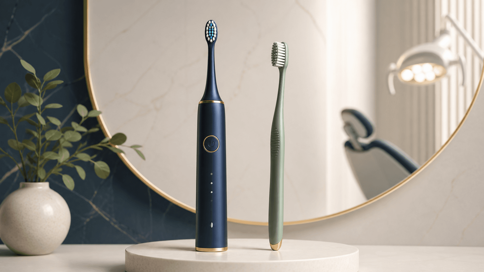 Brosse à dents électrique et brosse manuelle présentées côte à côte