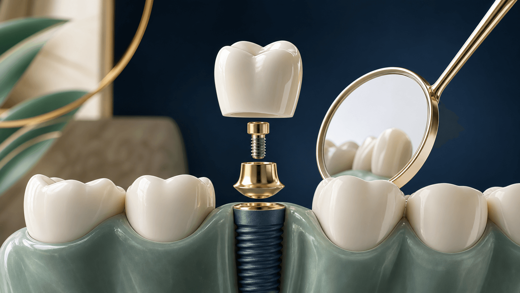 Illustration d’une couronne et de sa vis au-dessus d’un implant dentaire