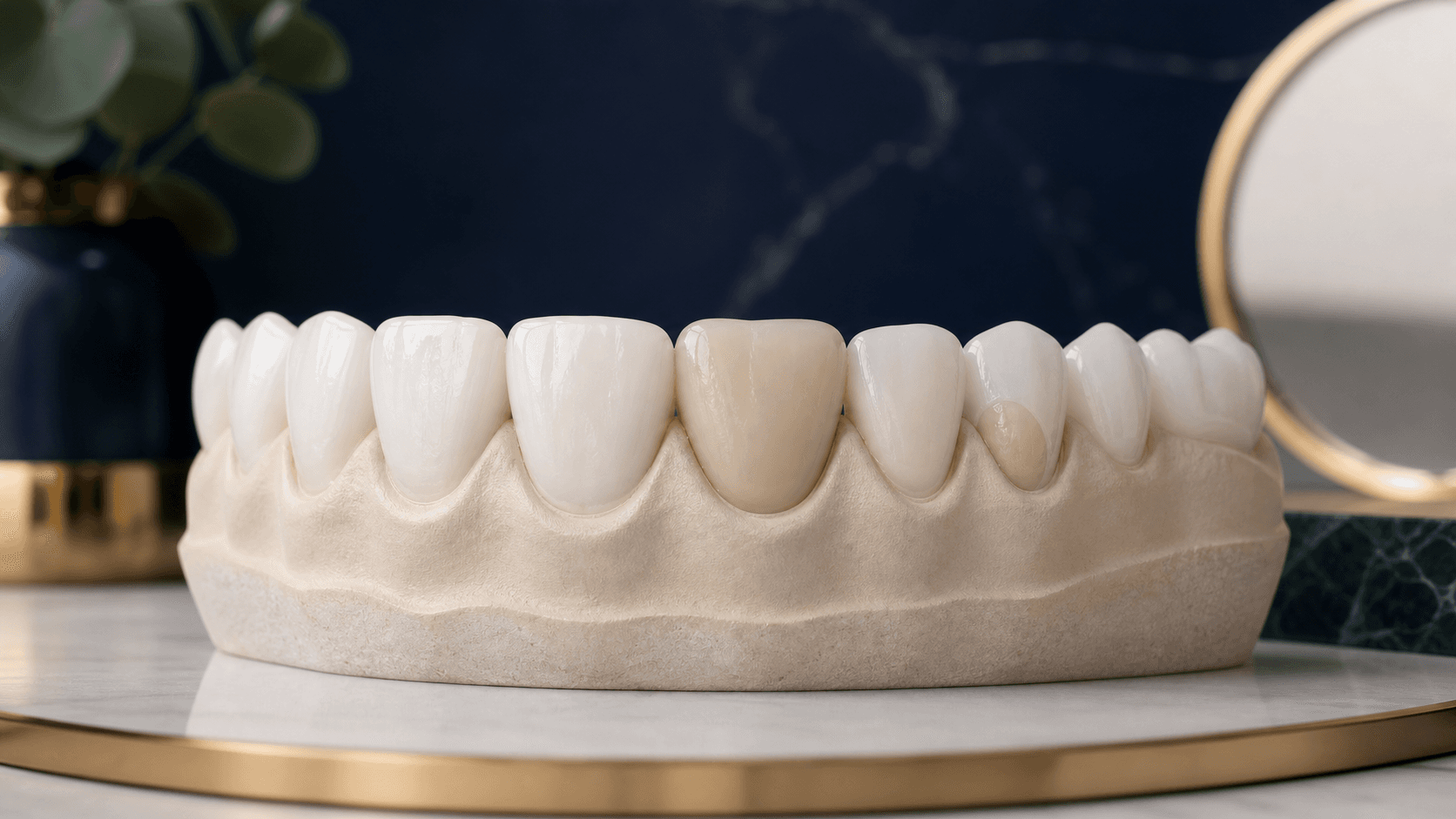 Arcade montrant une couronne et un composite conservant leur teinte pendant un blanchiment