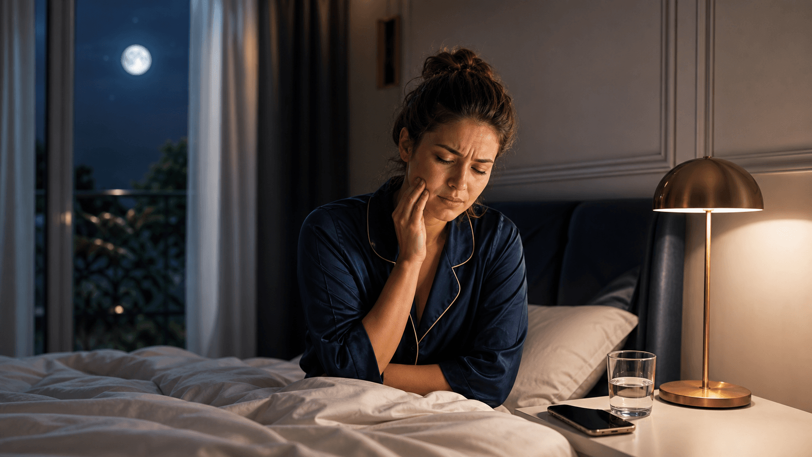 Patiente souffrant d’une douleur dentaire pendant la nuit avec un téléphone à proximité