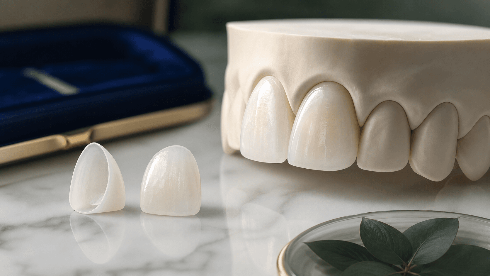 Fines facettes en céramique présentées devant un modèle de dents antérieures