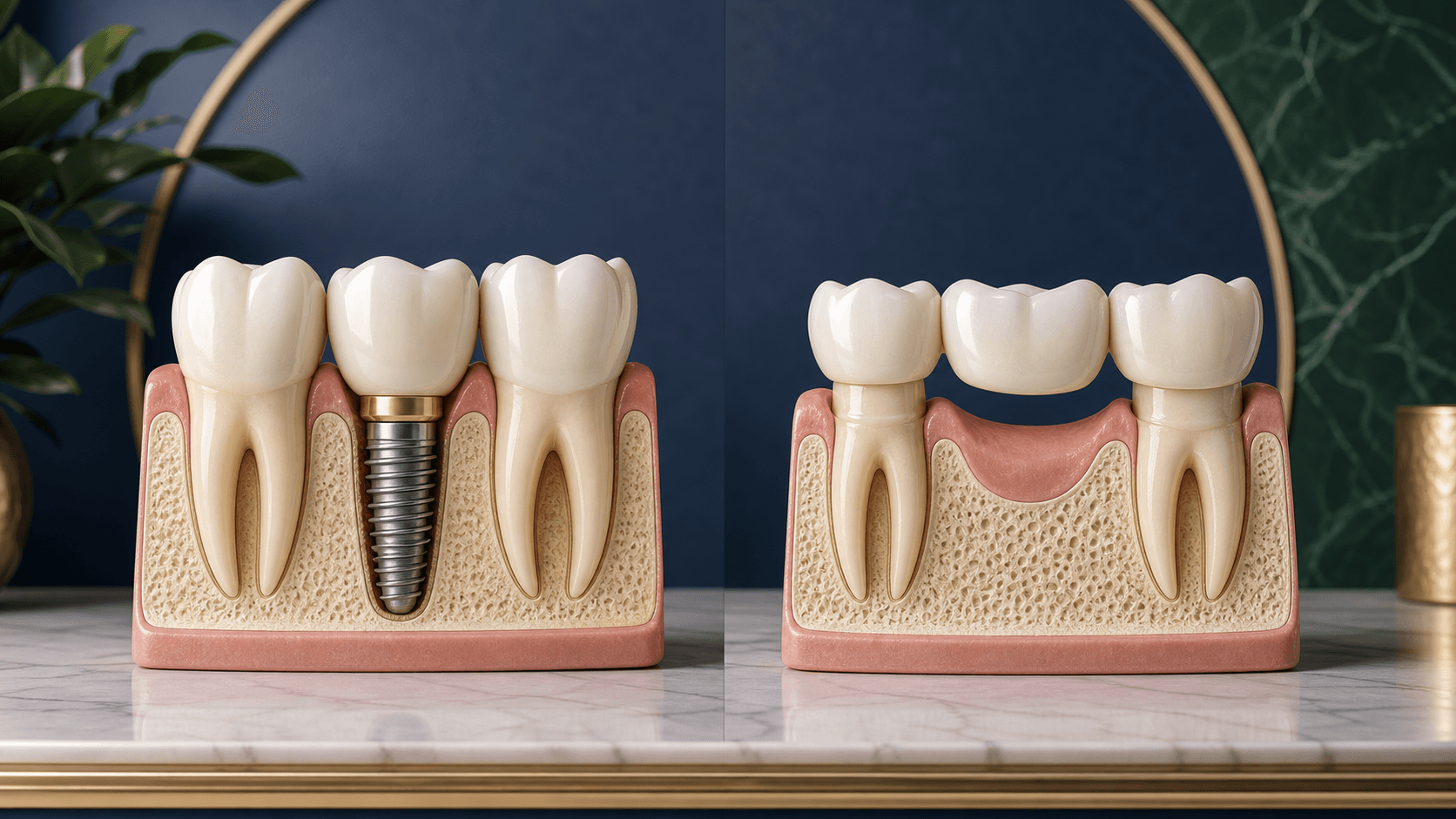 Comparaison illustrée entre un implant unitaire et un bridge dentaire