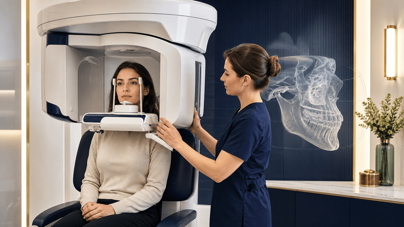 Patiente passant un scanner dentaire 3D cone beam dans un cabinet moderne