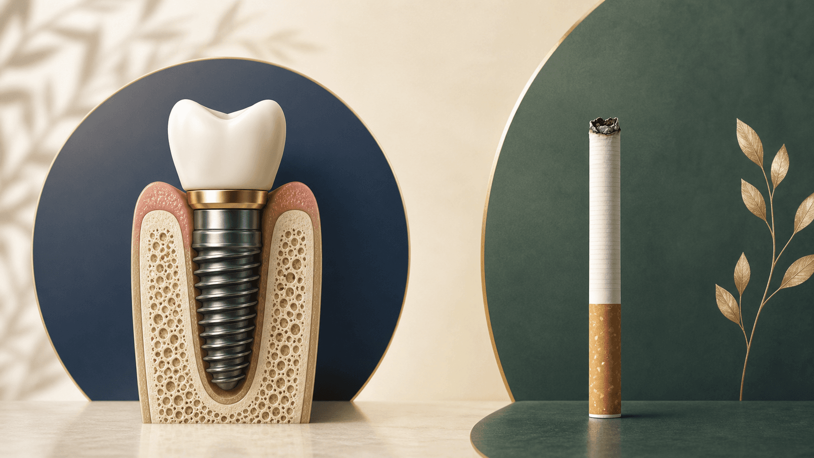 Implant dentaire mis en regard d’une cigarette pour illustrer les risques du tabac